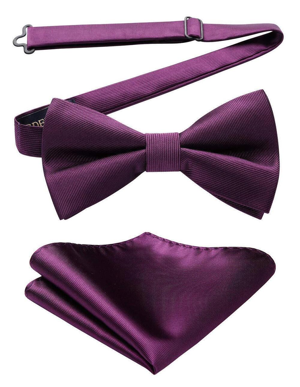 4584 Bow Ties Purple Bow Tie and Pocket Square Set Solid Color Pre-Tied